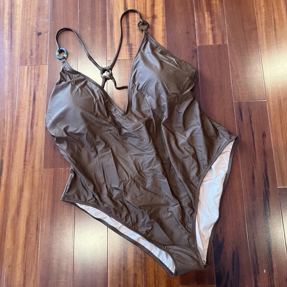J.Crew Brown Swimsuit One Piece V Neck Cross Strap O-Ring BF181 New Plus Size 24